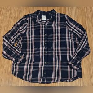 So Navy Plaid Button-Up Shirt with Pink Stripes